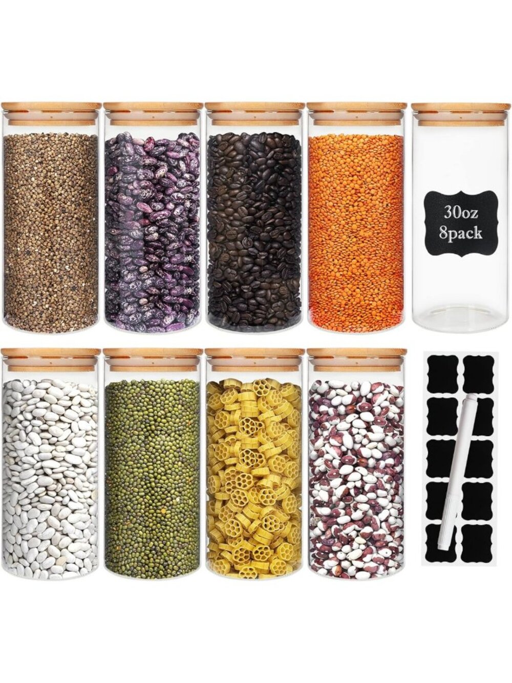 8 Pack 30 oz Airtight Glass Jars with Bamboo Lids - Perfect for Kitchen Storage